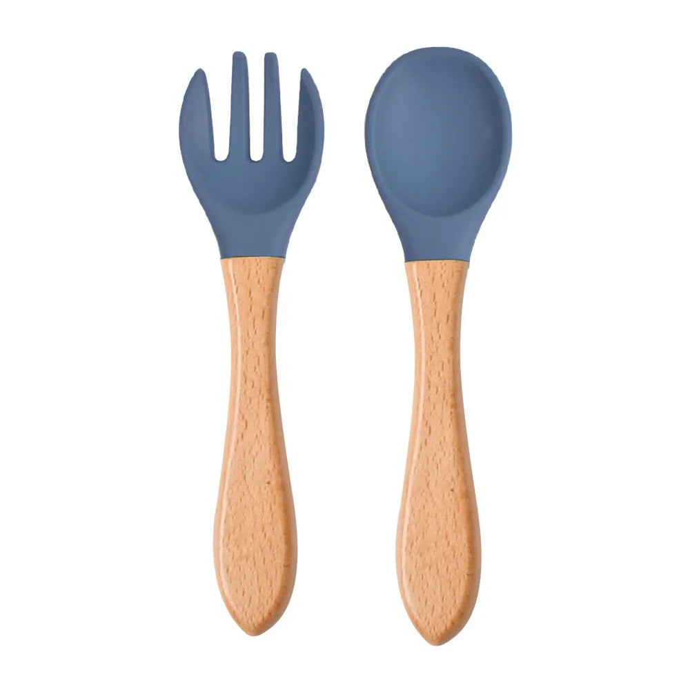 Mini Baby Spoon Fork Set Silicone Wooden Print Utensils