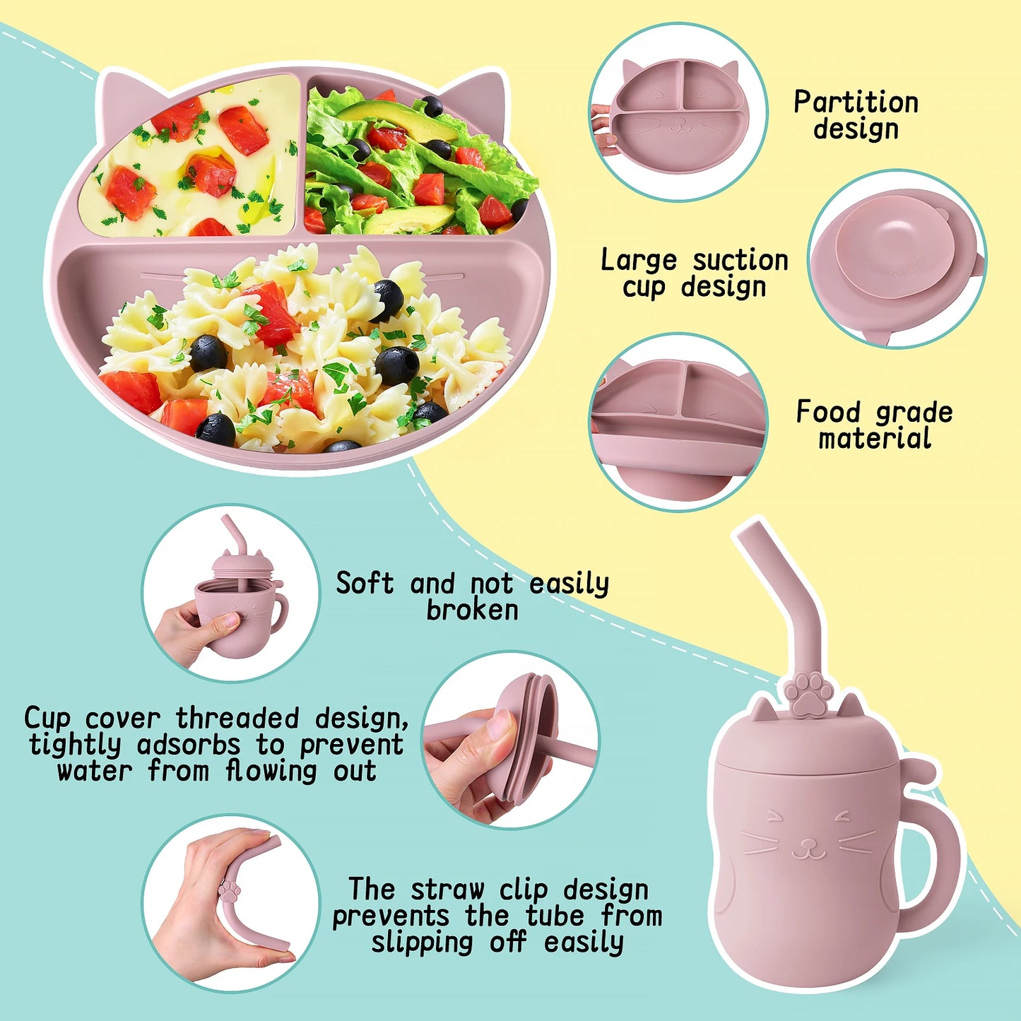 Toddler Feeding Set Silicone Cat Plate Spoon Fork Bib Cup
