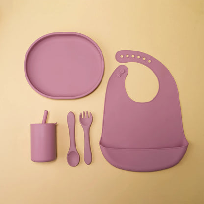 Baby Tableware Set Silicone Bowl Plate Spoon Fork Bib Cup