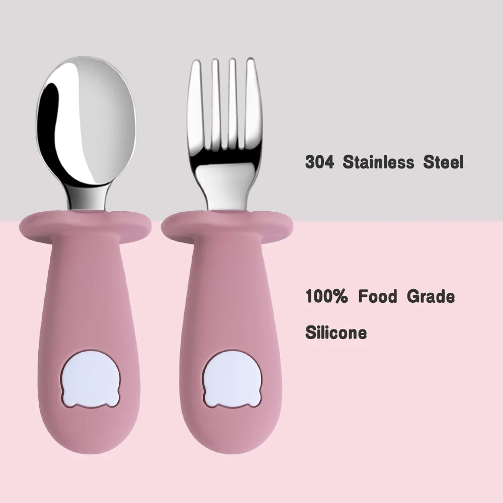 Baby Spoon Fork Set Silicone Handle Stainless Steel Utensils
