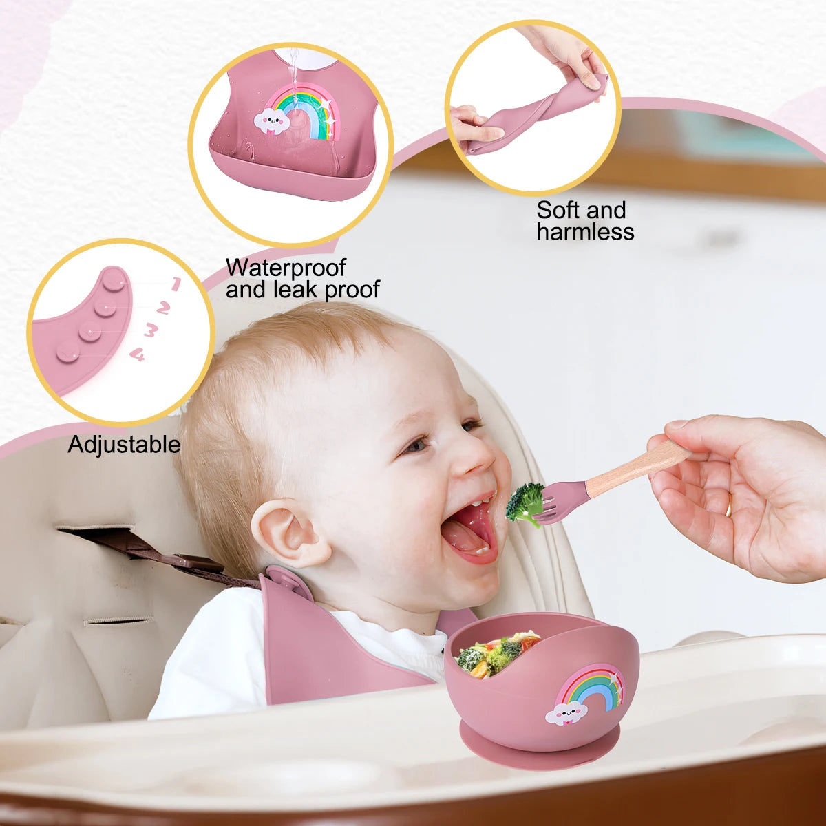 Silicone Baby Bowl Spoon Fork Set with Bib Feeding Essentials