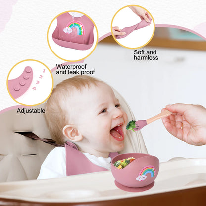 Silicone Baby Bowl Spoon Fork Set with Bib Feeding Essentials
