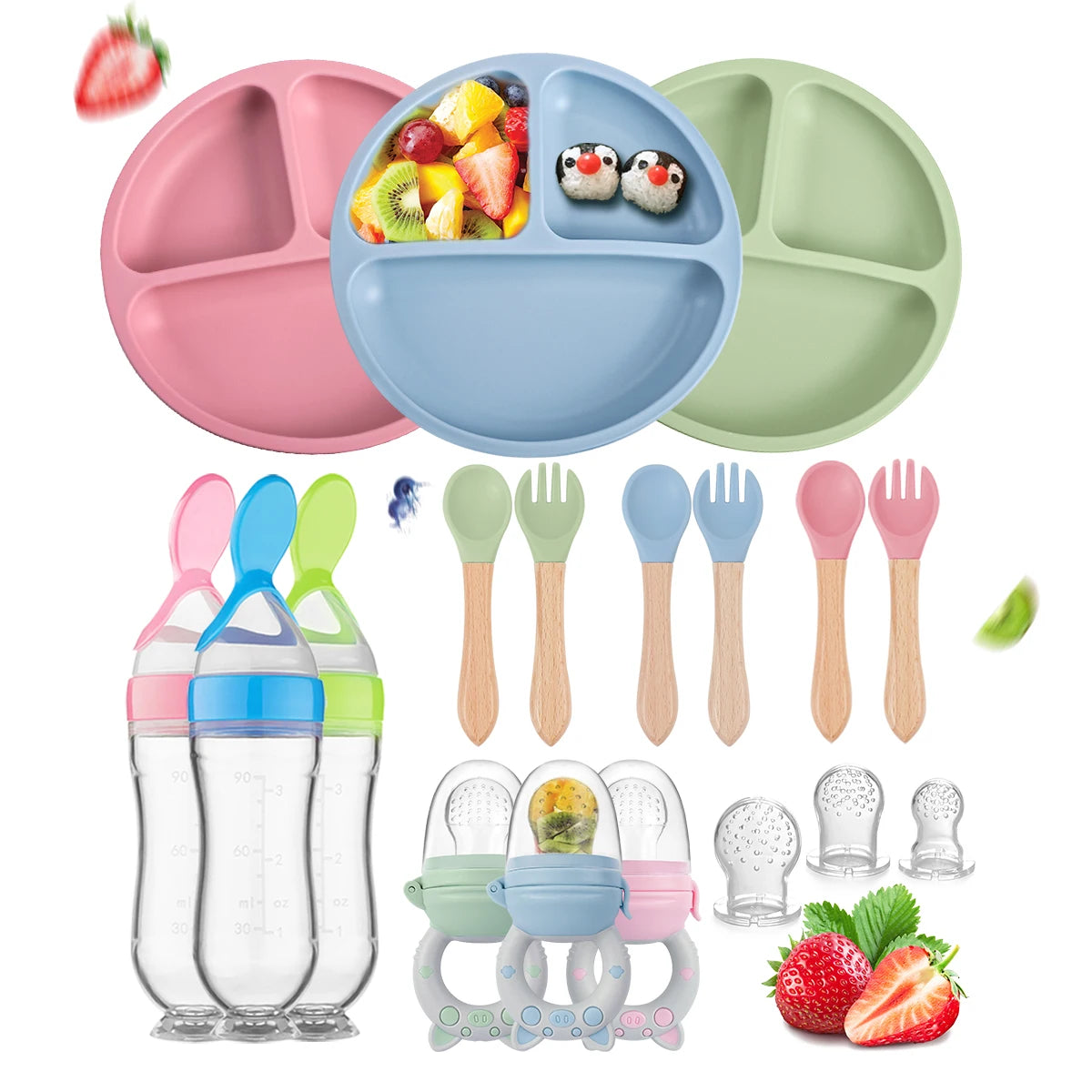 Children’s Silicone Tableware Set Plate Spoon Fork Cup Bib